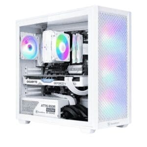 Gaming PC with RGB fans and high-performance components in a white case.