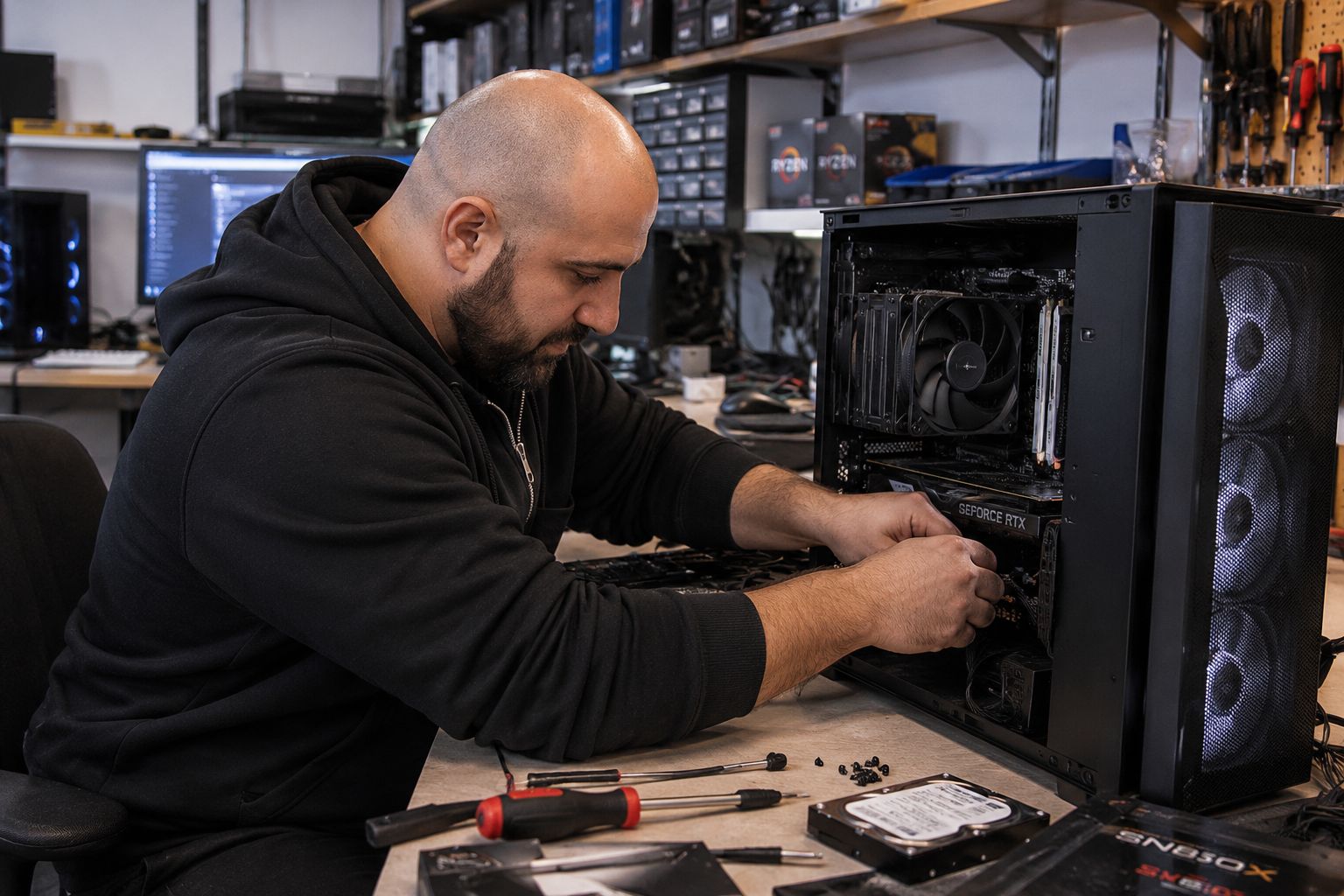 CAA Computers technician working on a black gaming PC during a computer upgrade